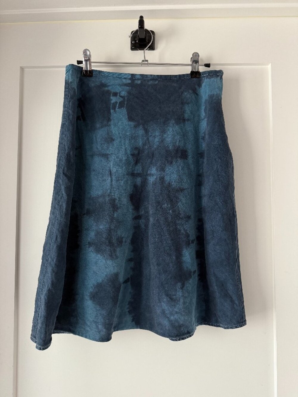 Vintage Y2K Kenar Silk Linen Skirt Blue Abstract Tie Dye A Line Midi Size 6